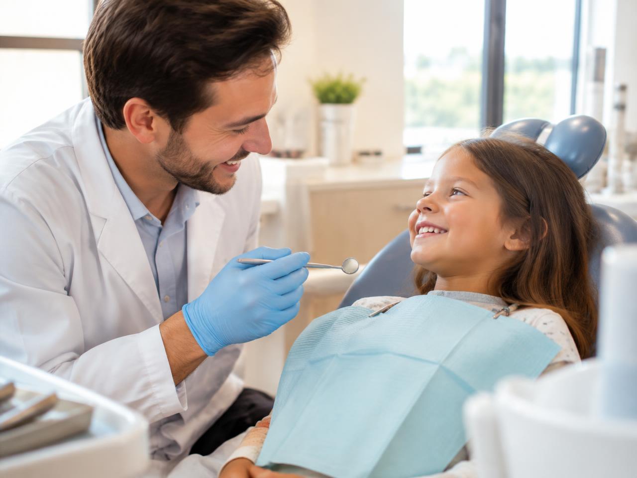 Dentista atendendo uma criança no consultório